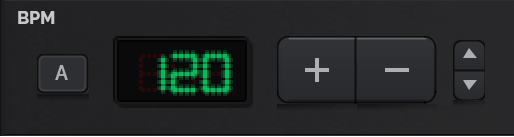 The BPM control showing 120 on a green LED display, with large plus and minus buttons and small up and down arrows.