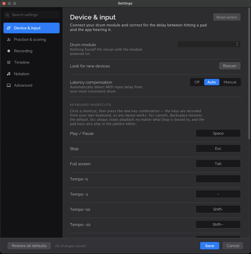The Device and input page of the new Settings dialog, with drum module selection, latency compensation set to Auto, and a keyboard shortcuts list: Space for play and pause, Esc for stop, Tab for full screen, and keys for tempo up and down by 1 and by 10.