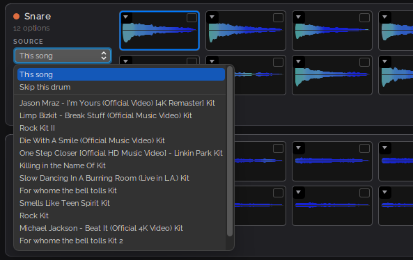 The Source dropdown for the Snare row, listing This song, Skip this drum, and other kits to import the pad from, including Rock Kit II and several kits built from songs.