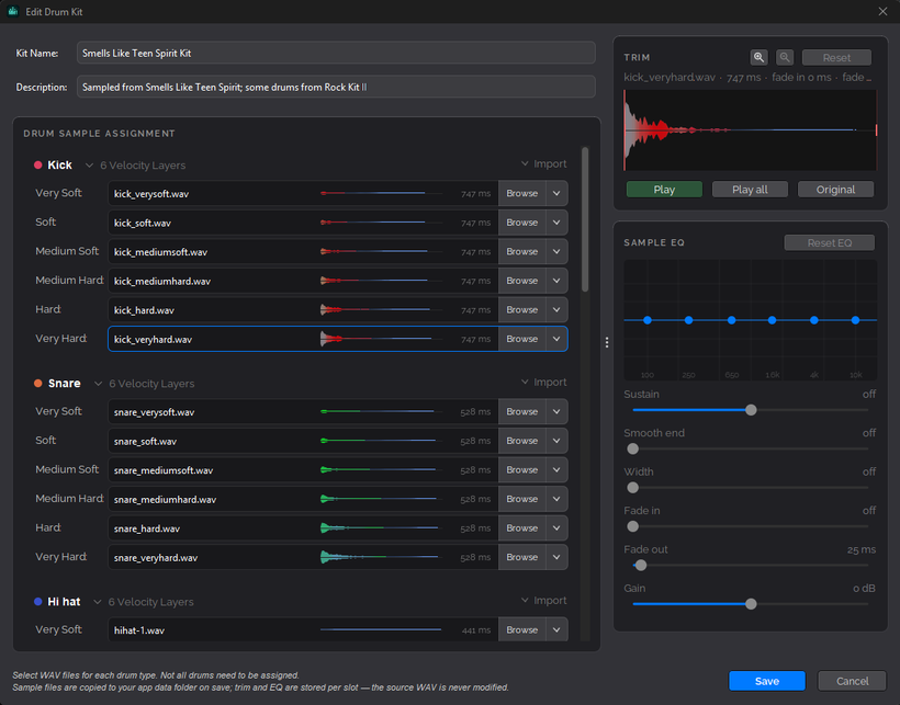The Edit Drum Kit dialog for Smells Like Teen Spirit Kit, with six velocity layers of WAV files for kick and snare, each with a small waveform and a Browse button, and Trim and Sample EQ panels on the right.