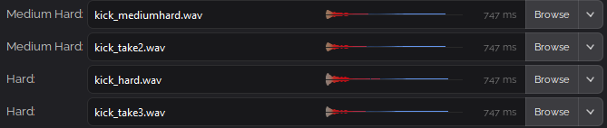 Four kick sample slots: two on the Medium Hard level and two on the Hard level, each pair alternating as round-robin takes.