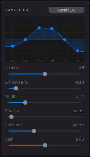 The Sample EQ panel with a six-band EQ curve boosted in the mids, and sliders for Sustain, Smooth end, Width, Fade in, Fade out and Gain.