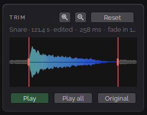 The Trim panel showing a snare sample waveform with red start and end handles cutting away the sound before and after the hit, and Play, Play all and Original buttons.
