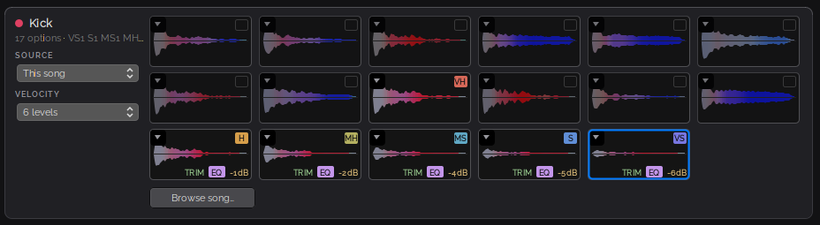 The Kick row of the song kit builder with 17 automatically cut sample clips from the drum stem, some tagged with velocity levels from Very Hard down to Very Soft, and a Browse song button.