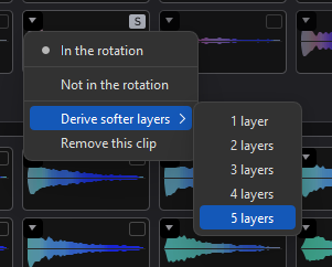 A sample clip's context menu with In the rotation, Not in the rotation, Remove this clip, and a Derive softer layers submenu offering 1 to 5 layers.